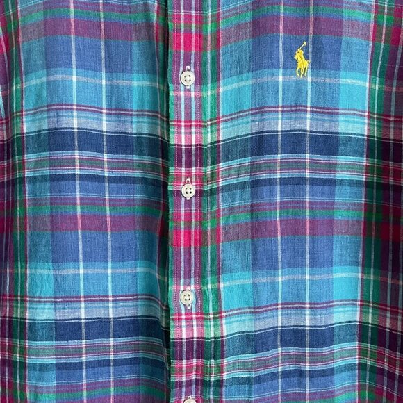 Ralph Lauren Men Shirt Size M Madras Plaid Linen Preppy Coastal Classic Y2K - Picture 5 of 9